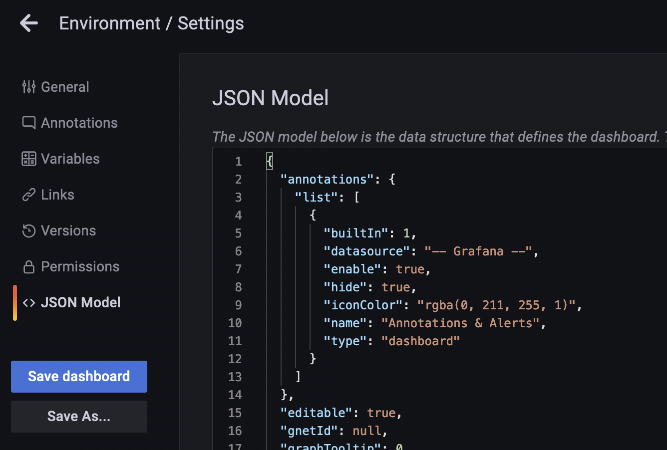 Viewing the JSON definition of the environment dashboard